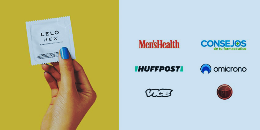 Preservativos HEX de LELO junto a logos de medios como Men’s Health, HuffPost, VICE y Omicrono
