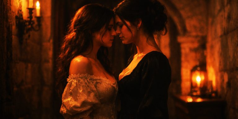 dos mujeres en un castillo francés iluminado por velas con tensión romántica