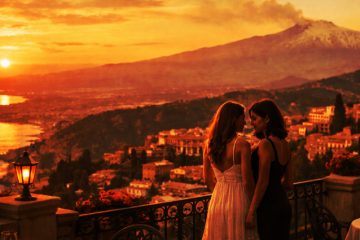 dos mujeres en una terraza en Taormina al atardecer con el Etna al fondo