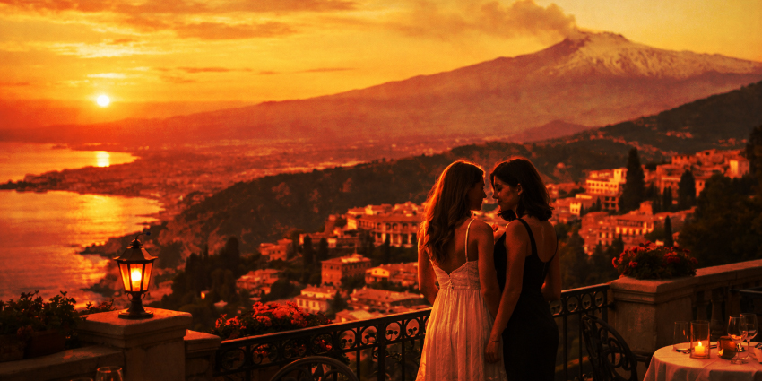 dos mujeres en una terraza en Taormina al atardecer con el Etna al fondo