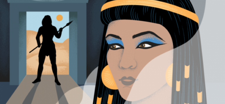 Ilustración de una mujer del Antiguo Egipto con maquillaje azul y una figura armada en la entrada de un templo, imagen destacada del relato erótico BDSM «Espejismos».