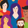 Ilustración colorida sobre diversidad sexual y de género con distintas personas representando el acrónimo LGBTQIA+