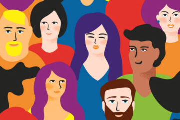 Ilustración colorida sobre diversidad sexual y de género con distintas personas representando el acrónimo LGBTQIA+