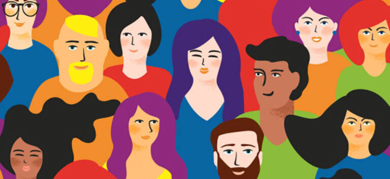 Ilustración colorida sobre diversidad sexual y de género con distintas personas representando el acrónimo LGBTQIA+