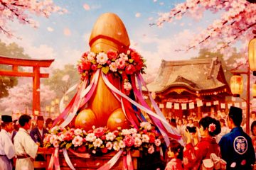 Escultura gigante fálica decorada con flores durante un festival japonés de la fertilidad bajo cerezos en flor