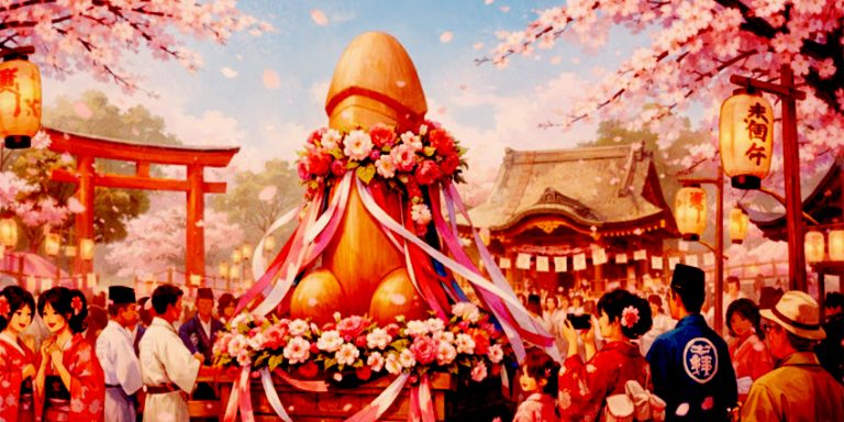 Escultura gigante fálica decorada con flores durante un festival japonés de la fertilidad bajo cerezos en flor