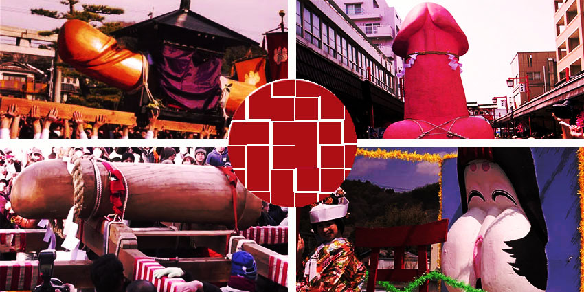 Collage de festivales japoneses de la fertilidad con esculturas fálicas gigantes en procesión
