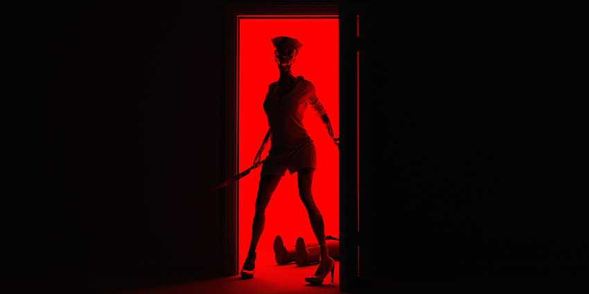 Silueta femenina iluminada en rojo en una puerta, sosteniendo un cuchillo, con una figura tendida en el suelo, imagen simbólica sobre miedo y excitación.