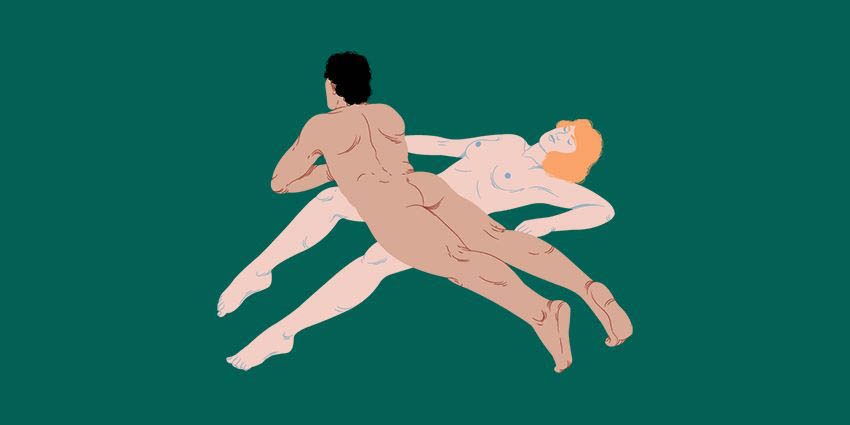 Ilustración de la postura sexual La Rueda Giratoria del Kamasutra.