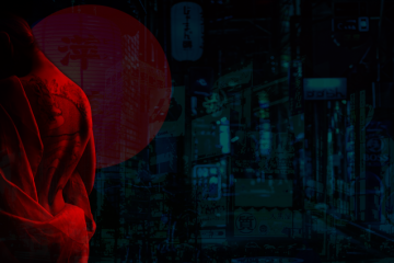 Mujer con tatuaje en la espalda envuelta en tela roja en una calle nocturna de Tokio con estética neón japonesa