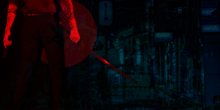 hombre con katana en escena urbana japonesa nocturna con estética erótica y dominante
