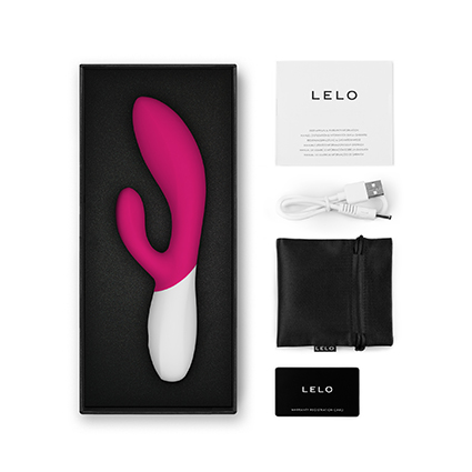 Contenido de la caja de INA Wave 2 de LELO con vibrador rabbit, cable de carga USB, bolsa de almacenamiento y manual de usuario
