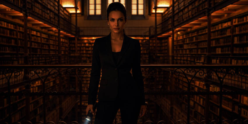 vigilante de museo sexi en biblioteca histórica iluminada con luz cálida