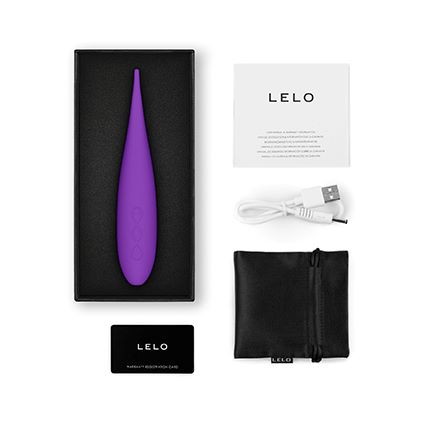 Contenido de la caja de LELO DOT Travel con vibrador morado, cargador USB, funda y accesorios