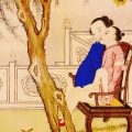 Ilustración chūngōng tú de la China imperial que representa una escena íntima en un jardín palaciego