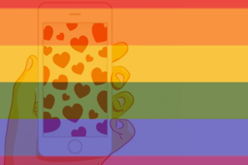 Imagen de móvil con corazones sobre bandera arcoíris representando apps LGTBI seguras para conocer personas y ligar