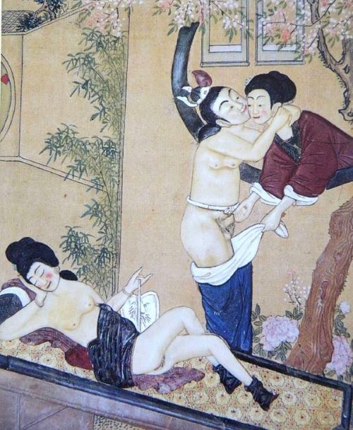 Ilustración chūngōng tú de la China imperial con escena íntima en entorno palaciego