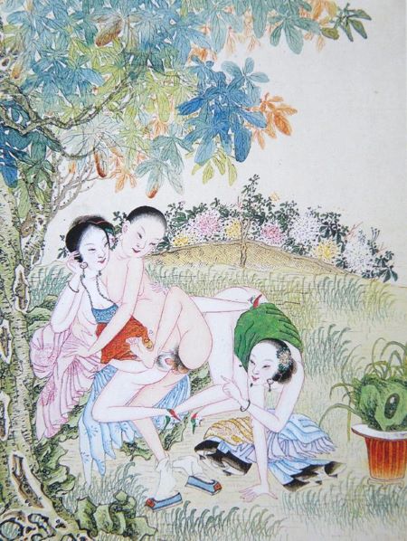 Ilustración chūngōng tú de la China imperial con escena erótica en jardín palaciego