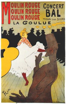 Cartel vintage del Moulin Rouge con bailarina de cancán y público en concierto de La Goulue