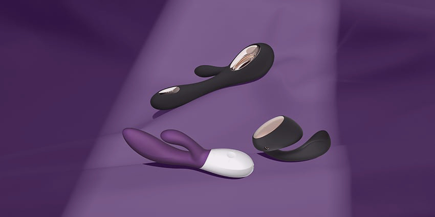 Vibradores LELO para estimulación del Punto G y del clítoris sobre fondo morado