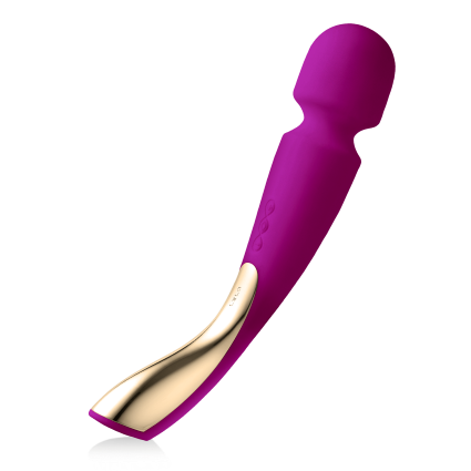 Vibrador wand recargable en color fucsia con mango ergonómico dorado