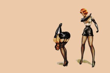 ilustración fetichista de dominación femenina y bondage inspirada en el arte de John Willie