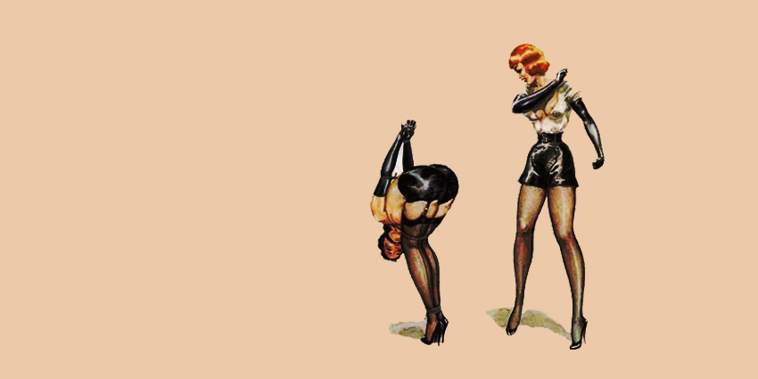 ilustración fetichista de dominación femenina y bondage inspirada en el arte de John Willie