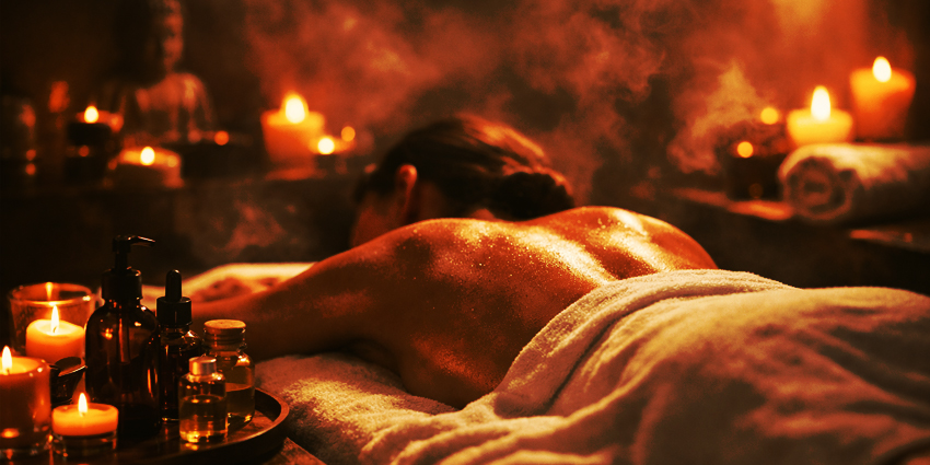 mujer recibiendo masaje relajante en spa con velas y aceite corporal