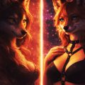 Ilustración de dos figuras femeninas antropomórficas, loba y zorra, frente a frente con estética sensual y fondo cósmico