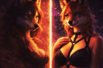 Ilustración de dos figuras femeninas antropomórficas, loba y zorra, frente a frente con estética sensual y fondo cósmico