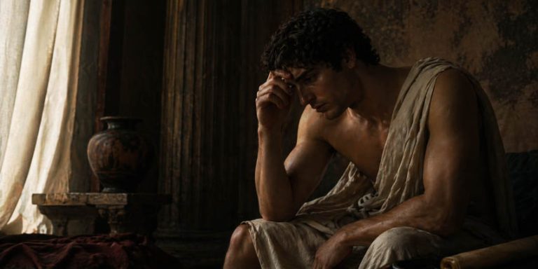 Hombre pensativo en escena clásica representando la ansiedad y el bloqueo del gatillazo