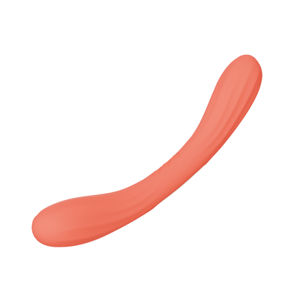Vibrador de doble punta BOOMERANG de LELO en color coral sobre fondo neutro.