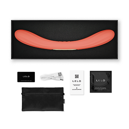 Contenido de la caja del vibrador de doble punta BOOMERANG de LELO en color coral, con accesorios y complementos incluidos.