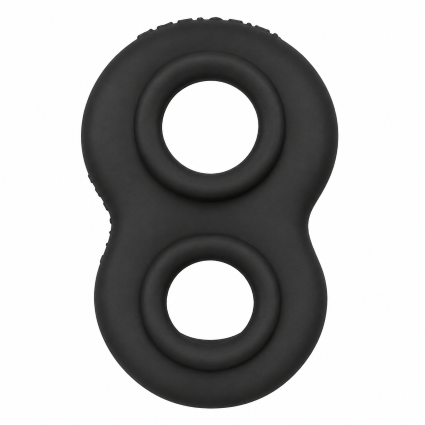 Anillo doble para pene y testículos de silicona negra sobre fondo blanco