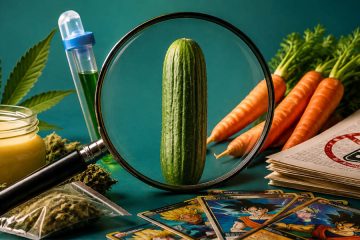 Pepino bajo una lupa rodeado de cannabis, zanahorias y cartas coleccionables en una composición sobre desinformación científica