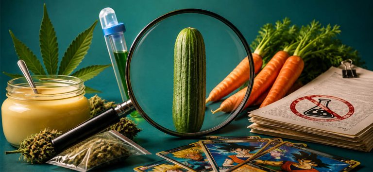 Pepino bajo una lupa rodeado de cannabis, zanahorias y cartas coleccionables en una composición sobre desinformación científica