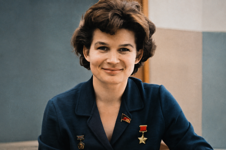 Valentina Tereshkova, primera mujer en viajar al espacio, retratada con uniforme y condecoraciones soviéticas