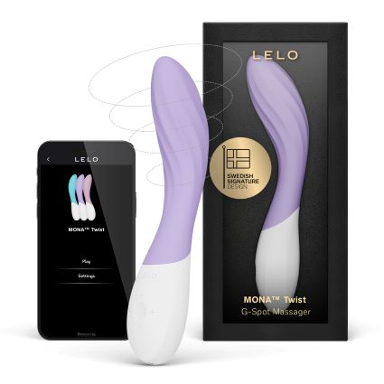 Vibrador para Punto G MONA Twist de LELO junto a su caja y la aplicación móvil de control remoto