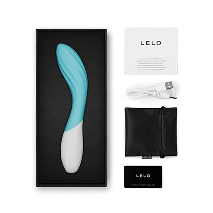 Contenido de la caja de MONA Twist de LELO con vibrador para Punto G, cable de carga, bolsa de almacenamiento y manual de usuario