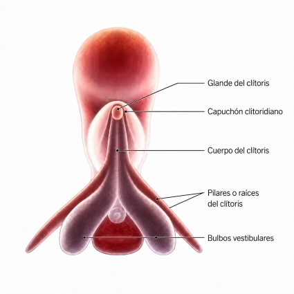 Infografía anatómica del clítoris basada en la reconstrucción tridimensional de Helen O'Connell, mostrando el glande, el capuchón clitoridiano, el cuerpo, los pilares y los bulbos vestibulares.