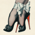 Ilustración de unos zapatos de tacón de aguja con lazos, inspirada en la estética fetichista de Bizarre.
