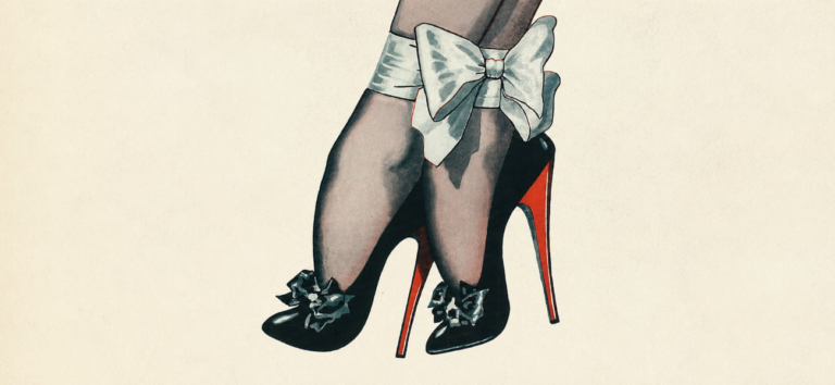 Ilustración de unos zapatos de tacón de aguja con lazos, inspirada en la estética fetichista de Bizarre.