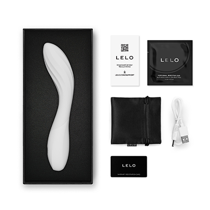 Contenido de la caja de LELO MONA Spectra con vibrador, funda de almacenamiento, cable USB y accesorios originales