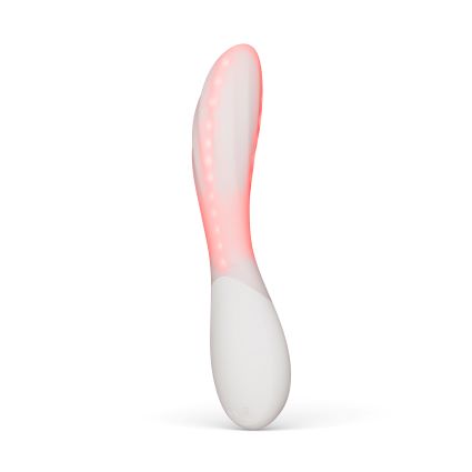 Vibrador para el Punto G LELO MONA Spectra con terapia de luz roja activada sobre fondo blanco