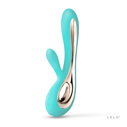 Vibrador rabbit SORAYA 2 de LELO en color Aqua con acabado metálico dorado