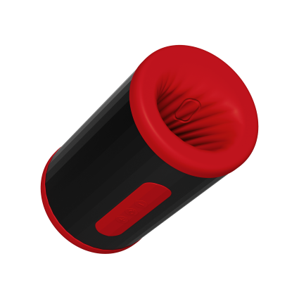 Succionador masculino LELO F2S Double Sonic en negro y rojo con interior de relieves estriados.
